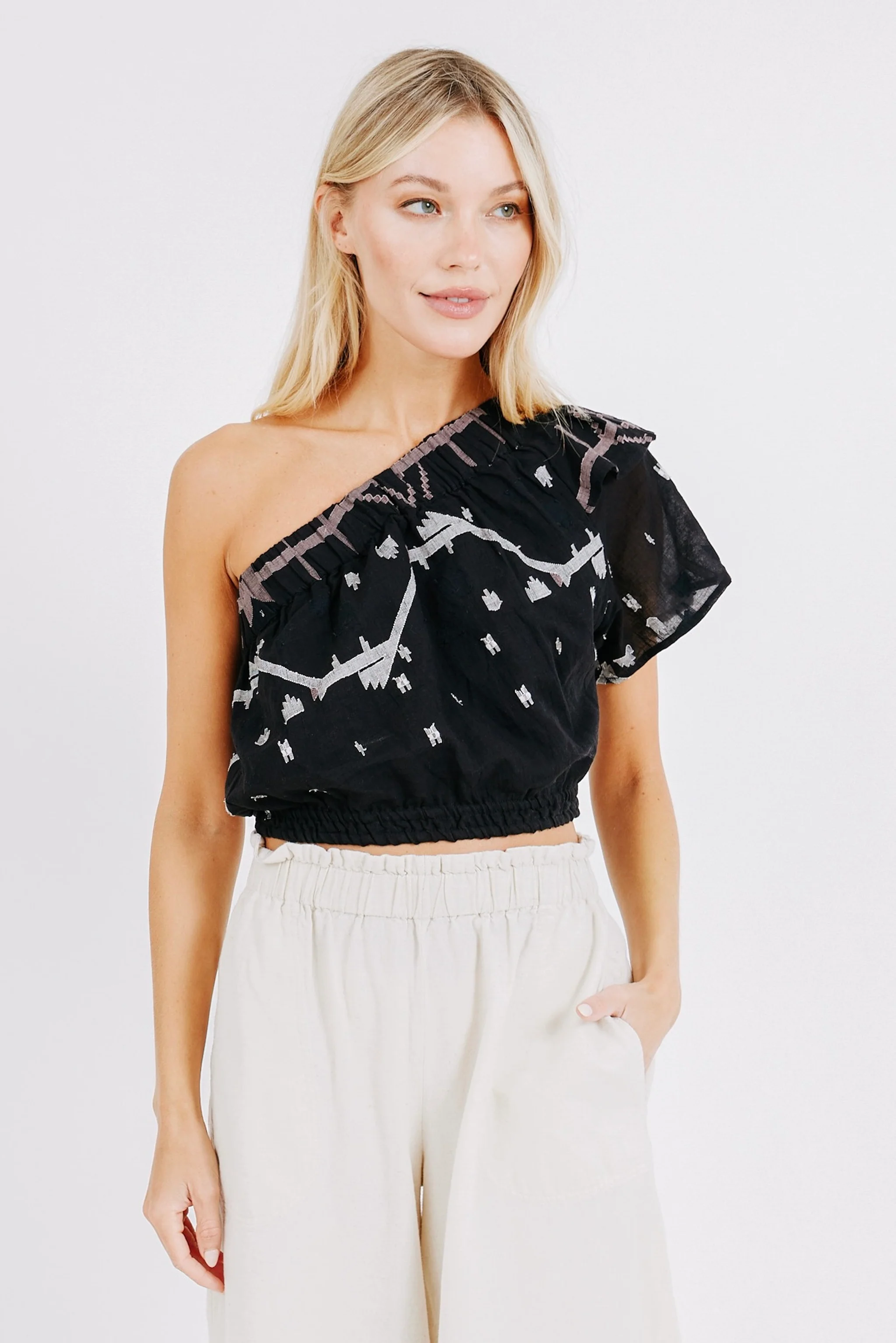 Paros Crop One Shoulder Top in Black Carnival Jamdani - Image 2