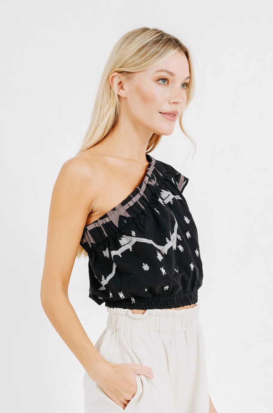 Paros Crop One Shoulder Top in Black Carnival Jamdani - Image 4