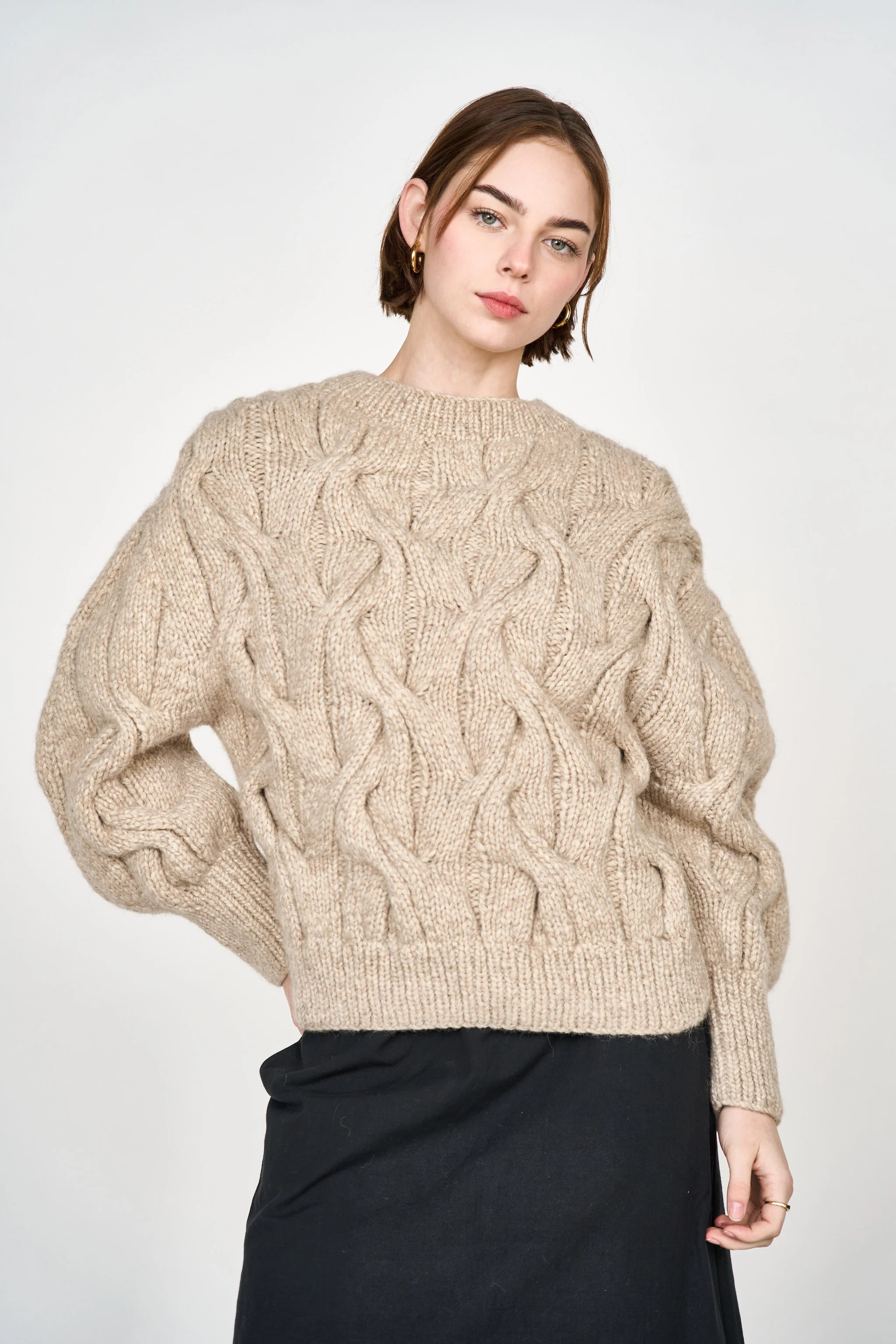 Handknit Cortina Cable Pullover in Camel - Image 4