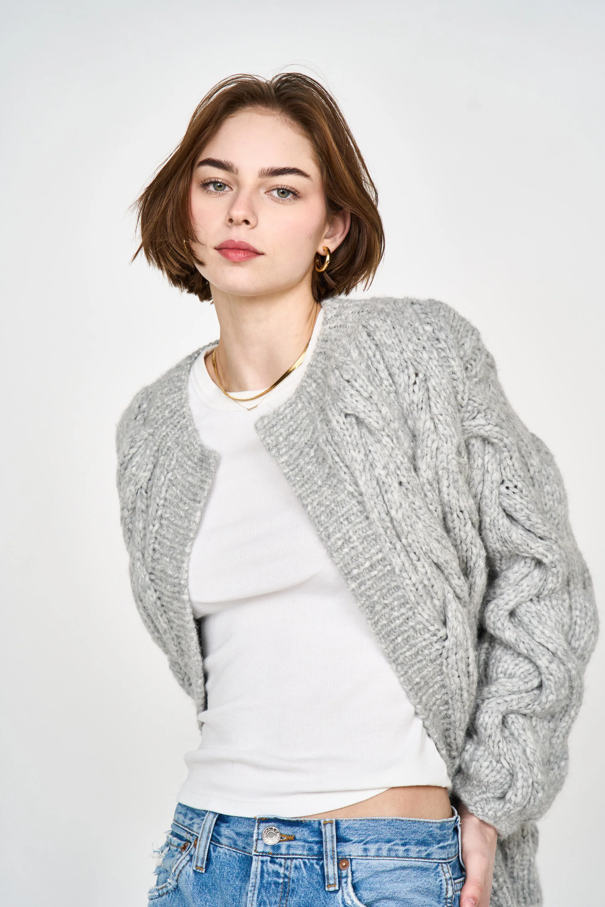 Handknit Cortina Cable Cardigan in Dove Grey - Image 6