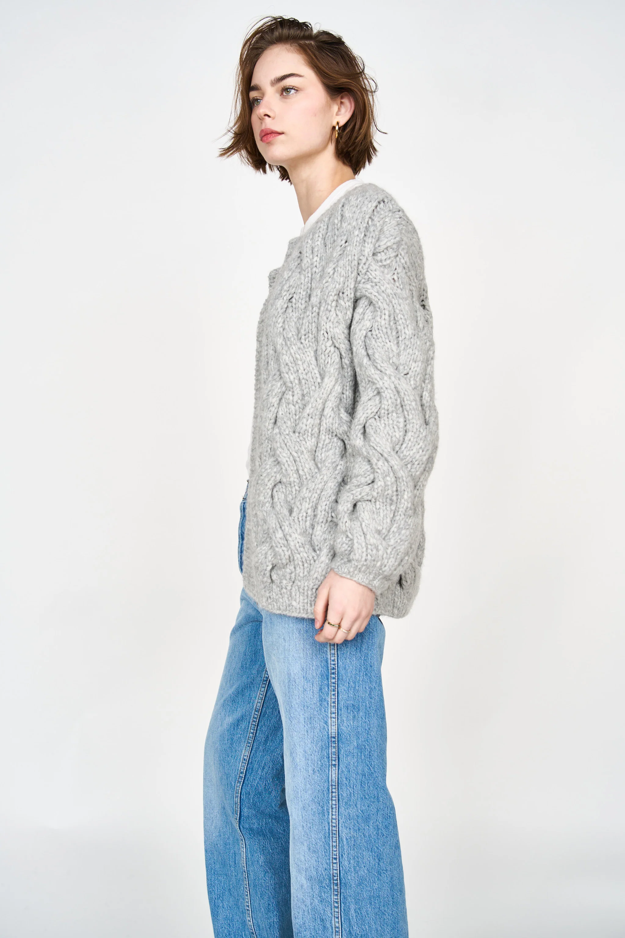 Handknit Cortina Cable Cardigan in Dove Grey - Image 3