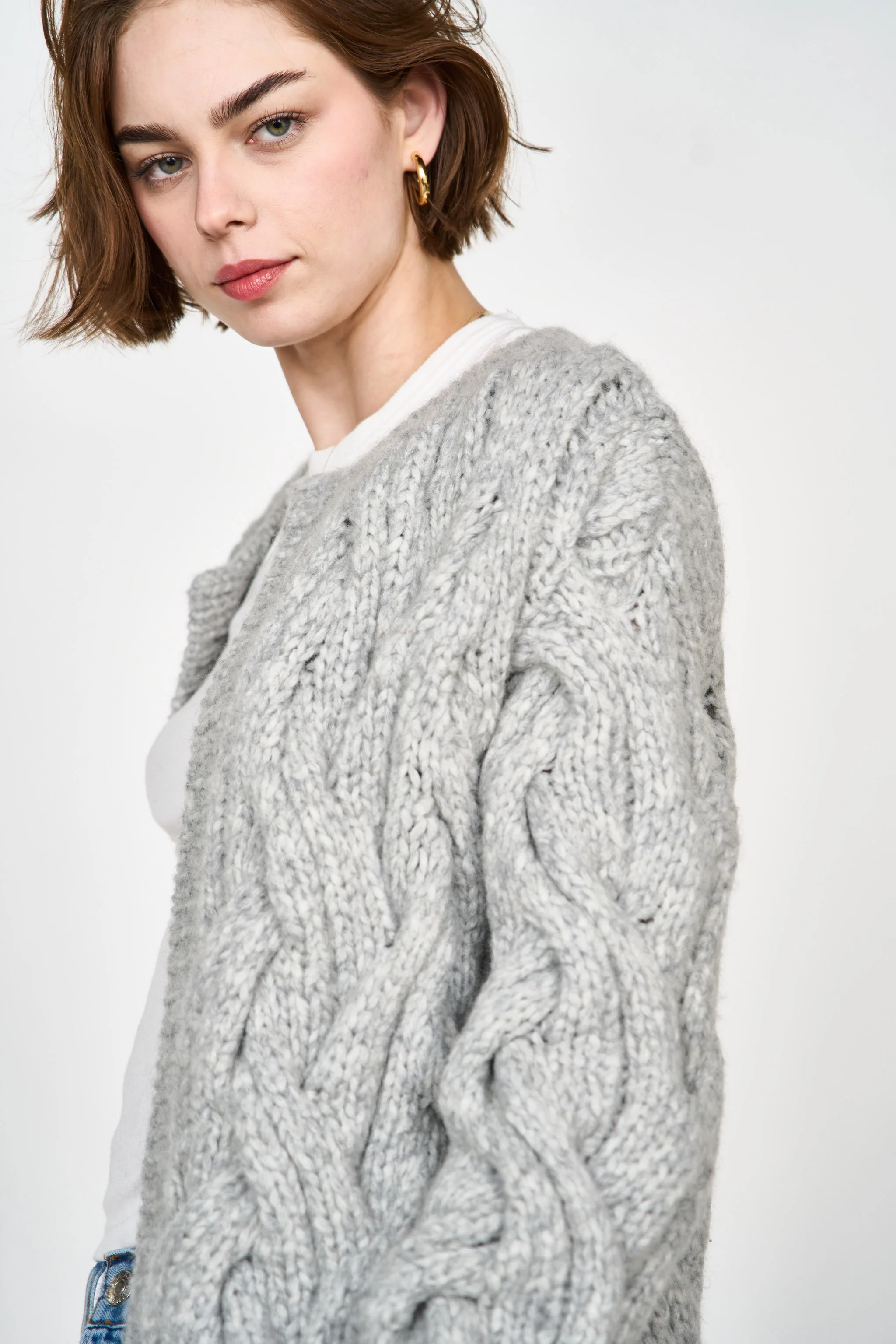 Handknit Cortina Cable Cardigan in Dove Grey - Image 4